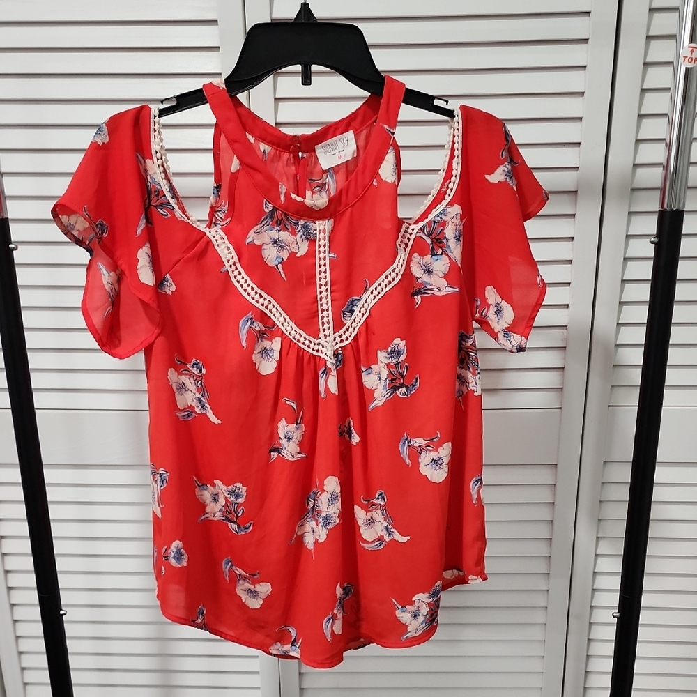 Sienna Sky Ladies Medium, Red W/ Floral Print Accents. Drop/Cold Shoulder